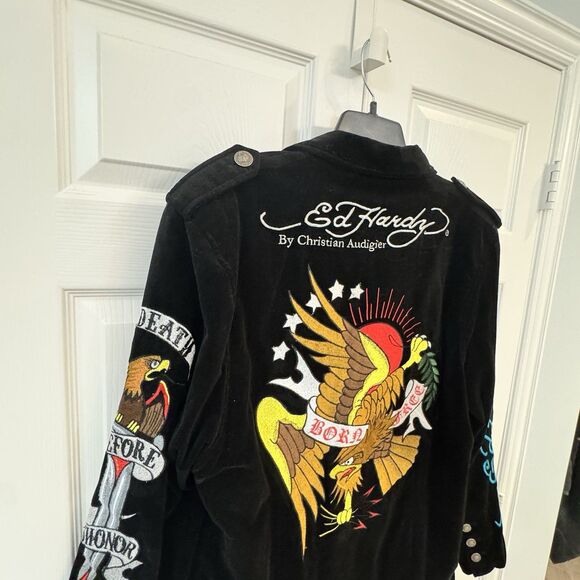 Ed Hardy Christian Audigier Suit Jacket Blazer Black Velvet Embroidered XL - Picture 7 of 7